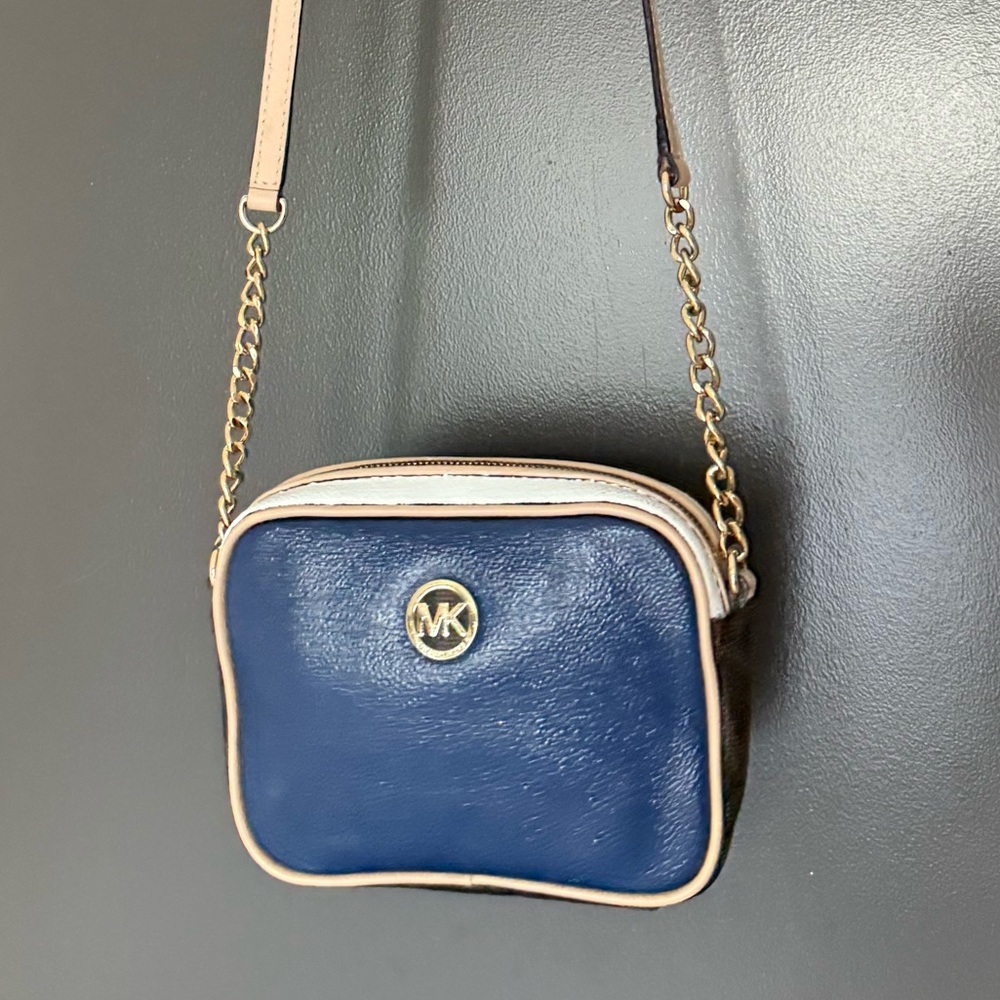 Michael Kors Mini Camera Bag One Of A Kind Blue, Brown, White Colorblock Bag